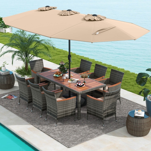 Image 1 of 10.. Costway 10 Pieces Patio Wicker Dining Set with Double-Sided Patio Umbrella 8 Armchairs