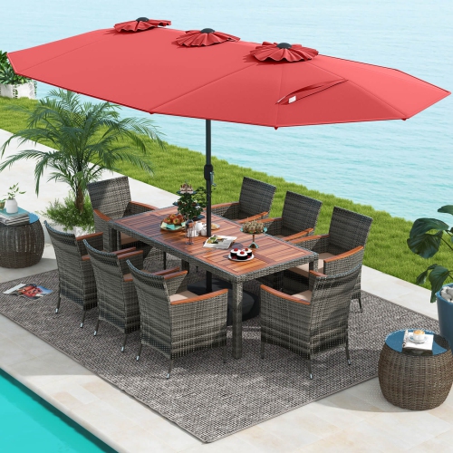 Ensemble patio de 10 pièces en osier avec parasol de patio double face et 8 fauteuils de Costway