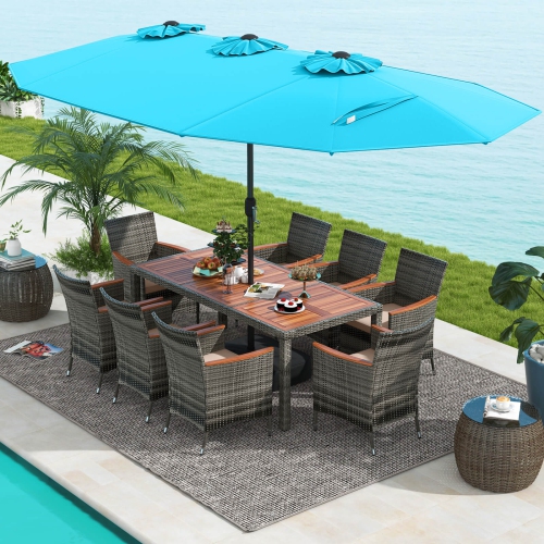 Image 1 of 10.. Costway 10 Pieces Patio Wicker Dining Set with Double-Sided Patio Umbrella 8 Armchairs
