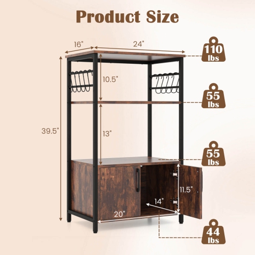 Costway 3-Tier Kitchen Baker's Rack with Cabinet 2 Open Shelves 10 S-Shaped Hooks