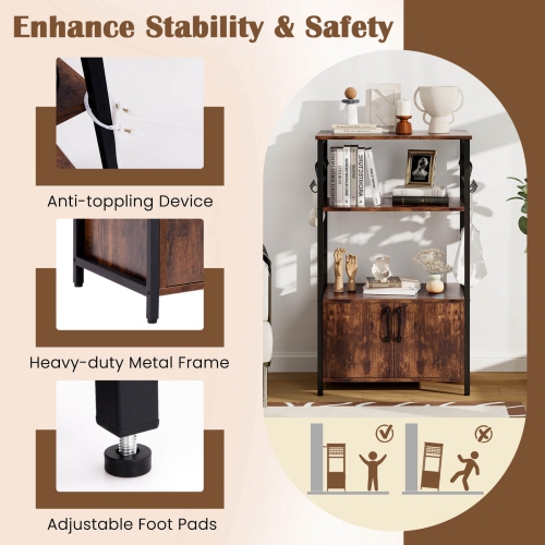 Costway 3-Tier Kitchen Baker's Rack with Cabinet 2 Open Shelves 10 S-Shaped Hooks