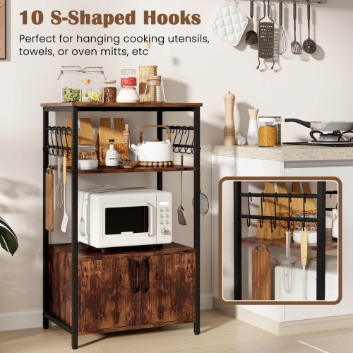 Costway 3-Tier Kitchen Baker's Rack with Cabinet 2 Open Shelves 10 S-Shaped Hooks