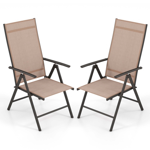 Costway 2 PCS Patio Folding Dining Chair with 7-Level Adjustable High Backrest for Garden Brown
