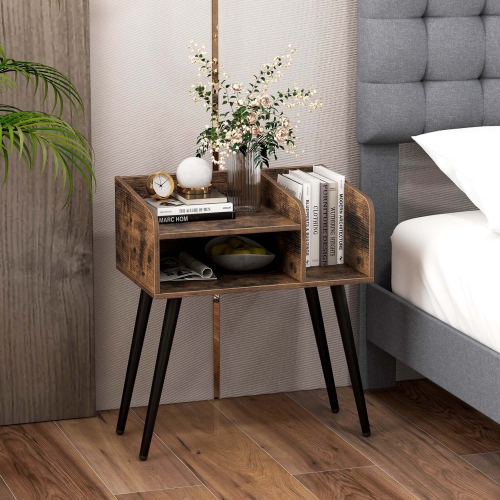 Costway Mid Century Modern End Table with Open Shelves Metal Support Legs for Bedroom