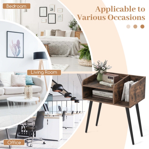Costway Mid Century Modern End Table with Open Shelves Metal Support Legs for Bedroom