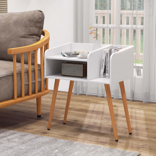 Costway Mid Century Modern End Table with Open Shelves Metal Support Legs for Bedroom