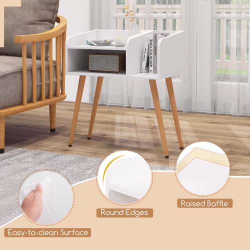 Costway Mid Century Modern End Table with Open Shelves Metal Support Legs for Bedroom