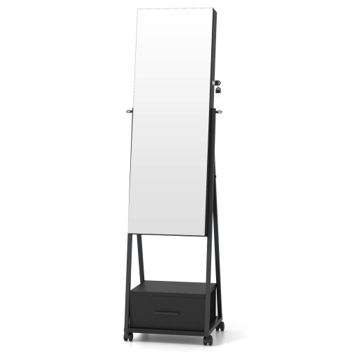 Costway Jewelry Cabinet Armoire Full Length Mirror Lockable w/ Bottom Drawer & Wheels