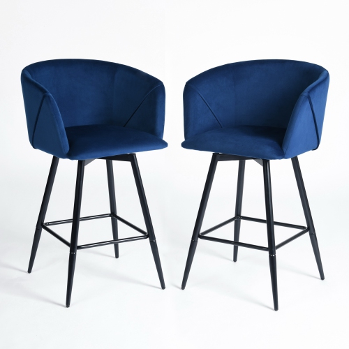 HOMYCASA  Homy Casa 25.8 In. Velvet High Back Swivel Bar Stool With Armrest And Black Metal Legs Set Of 2 In Blue