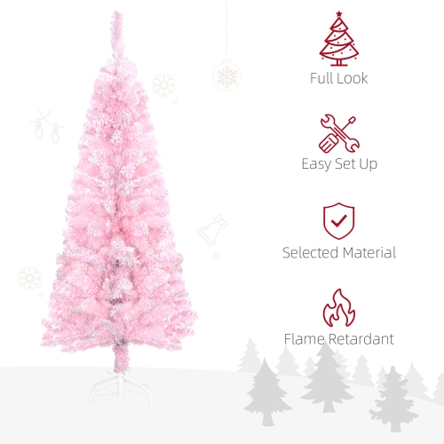 HOMCOM 4 FT Snow Flocked Artificial Christmas Tree, Pencil Xmas Tree with Realistic Branches, Auto Open and Steel Base, Pink