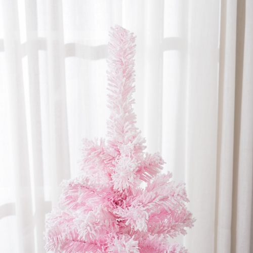 HOMCOM 4 FT Snow Flocked Artificial Christmas Tree, Pencil Xmas Tree with Realistic Branches, Auto Open and Steel Base, Pink