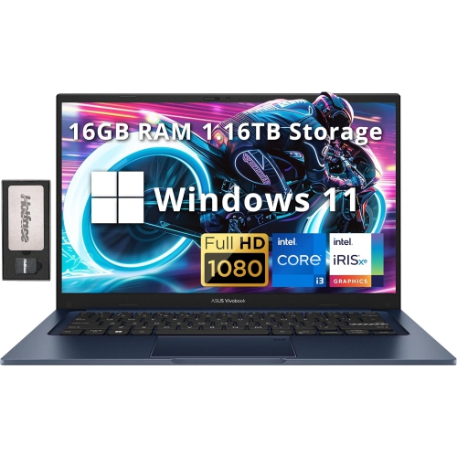 ASUS Vivobook 14" FHD IPS Laptop, Intel i3-1215U, 1.16TB Storage(1TB SSD+160GB Docking Station Set), 16GB RAM, Intel Iris Xe Graphics, 720p HD