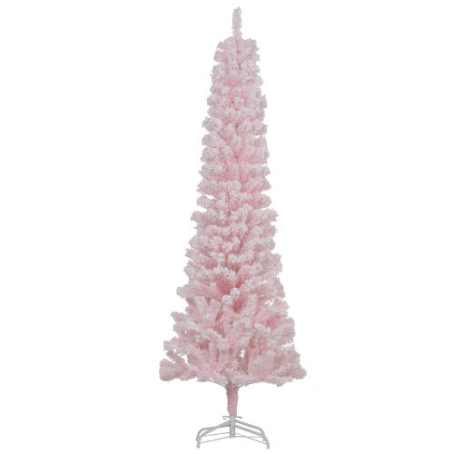 HOMCOM 6ft Snow Flocked Pencil Christmas Tree, Artificial Slim Xmas Tree with Realistic Branch Tips, Folding Metal Stand, Pink