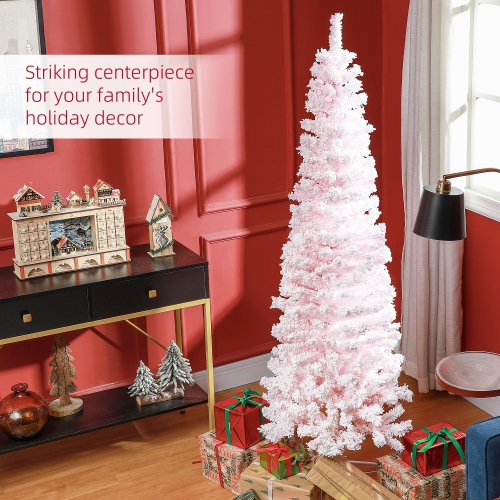 HOMCOM 6ft Snow Flocked Pencil Christmas Tree, Artificial Slim Xmas Tree with Realistic Branch Tips, Folding Metal Stand, Pink