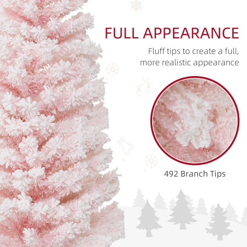 HOMCOM 6ft Snow Flocked Pencil Christmas Tree, Artificial Slim Xmas Tree with Realistic Branch Tips, Folding Metal Stand, Pink