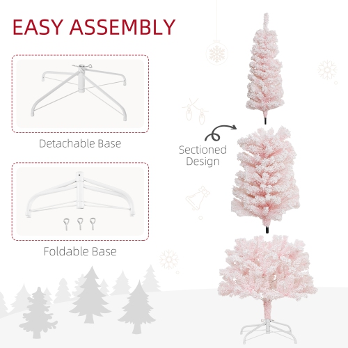 HOMCOM 6ft Snow Flocked Pencil Christmas Tree, Artificial Slim Xmas Tree with Realistic Branch Tips, Folding Metal Stand, Pink