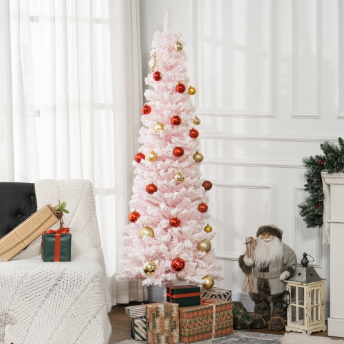 HOMCOM 6ft Snow Flocked Pencil Christmas Tree, Artificial Slim Xmas Tree with Realistic Branch Tips, Folding Metal Stand, Pink