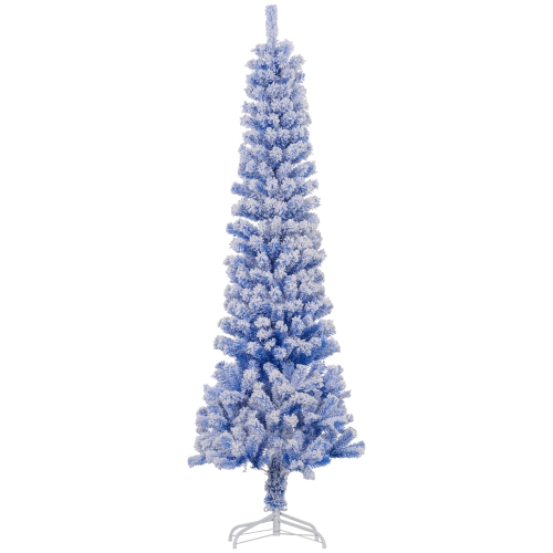 HOMCOM  6Ft Snow Flocked Pencil Christmas Tree, Artificial Slim Xmas Tree With Realistic Branch Tips, Folding Metal Stand In Blue