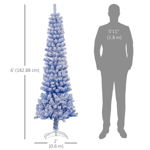 HOMCOM 6ft Snow Flocked Pencil Christmas Tree, Artificial Slim Xmas Tree with Realistic Branch Tips, Folding Metal Stand, Blue