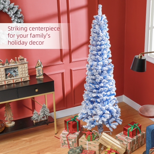 HOMCOM 6ft Snow Flocked Pencil Christmas Tree, Artificial Slim Xmas Tree with Realistic Branch Tips, Folding Metal Stand, Blue