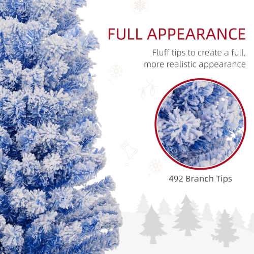 HOMCOM 6ft Snow Flocked Pencil Christmas Tree, Artificial Slim Xmas Tree with Realistic Branch Tips, Folding Metal Stand, Blue