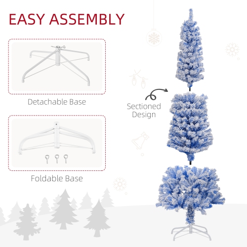 HOMCOM 6ft Snow Flocked Pencil Christmas Tree, Artificial Slim Xmas Tree with Realistic Branch Tips, Folding Metal Stand, Blue