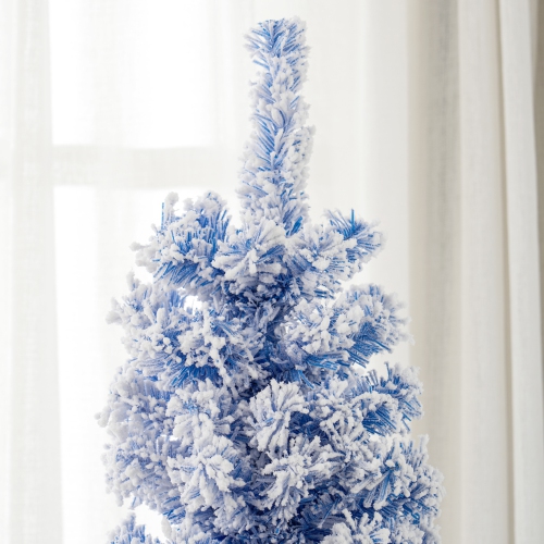 HOMCOM 6ft Snow Flocked Pencil Christmas Tree, Artificial Slim Xmas Tree with Realistic Branch Tips, Folding Metal Stand, Blue
