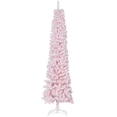 HOMCOM 7.5ft Snow Flocked Pencil Christmas Tree, Artificial Slim Xmas Tree with Realistic Branch Tips, Folding Metal Stand, Pink