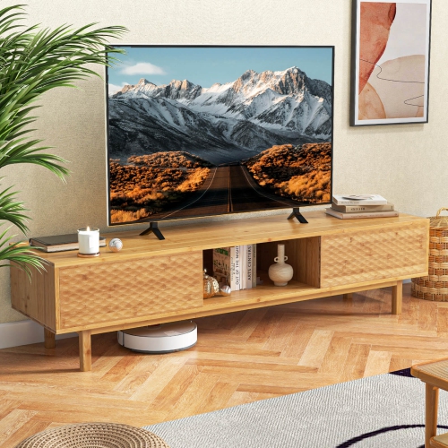 Costway 63" Bamboo TV Stand with 3 Storage Cubes Sliding Doors Mid Century Storage Cabinet