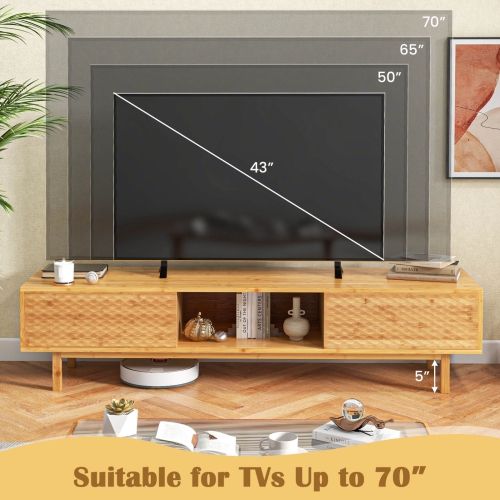 Costway 63" Bamboo TV Stand with 3 Storage Cubes Sliding Doors Mid Century Storage Cabinet