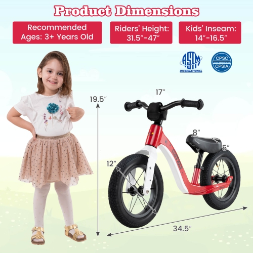 Costway 12 Inch Toddler Balance Bike No Pedal Training Bicycle withAdjustable Seat Height