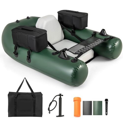 Costway Inflatable Fishing Float Tube with Fish Ruler Angling Base 2 Storage Pockets Pump