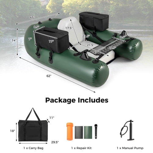 Costway Inflatable Fishing Float Tube with Fish Ruler Angling Base 2 Storage Pockets Pump