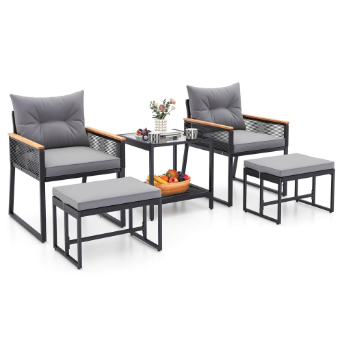 Costway 5 Piece Outdoor Conversation Set Rattan Armchairs with 2-Layer Side Table