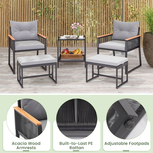 Costway 5 Piece Outdoor Conversation Set Rattan Armchairs with 2-Layer Side Table