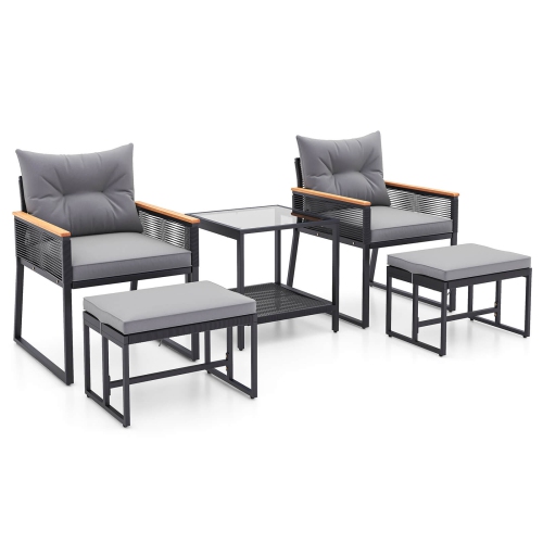 Costway 5 Piece Outdoor Conversation Set Rattan Armchairs with 2-Layer Side Table