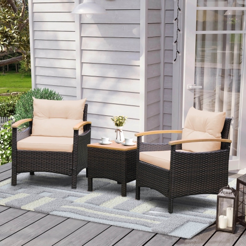 COSTWAY  Patiojoy 3PCs Patio Rattan Furniture Set Wooden Armrest Table Top Cushioned Deck