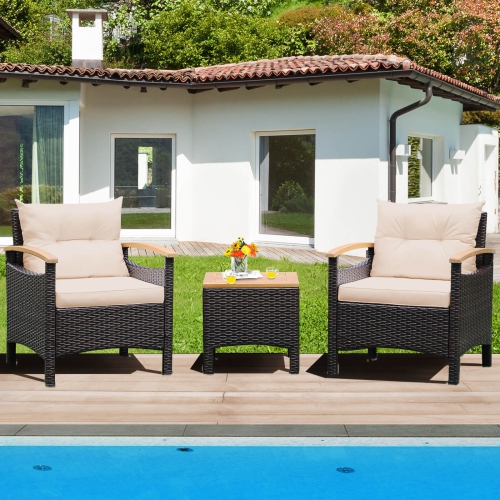 Costway Patiojoy 3PCS Patio Rattan Furniture Set Wooden Armrest Table Top Cushioned Deck