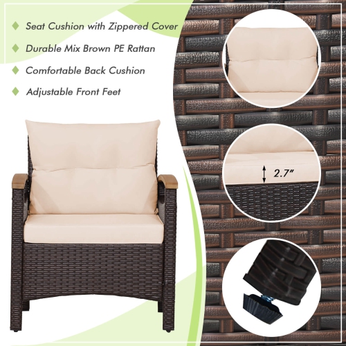 Costway Patiojoy 3PCS Patio Rattan Furniture Set Wooden Armrest Table Top Cushioned Deck