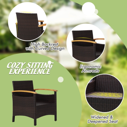 Costway Patiojoy 3PCS Patio Rattan Furniture Set Wooden Armrest Table Top Cushioned Deck