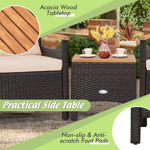Costway Patiojoy 3PCS Patio Rattan Furniture Set Wooden Armrest Table Top Cushioned Deck