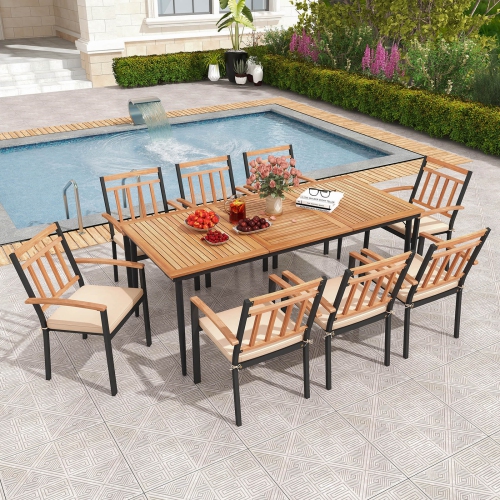 COSTWAY  9 PCs Patio Dining Set 79" Rectangle Dining Tables With 8 Wooden Armchairs