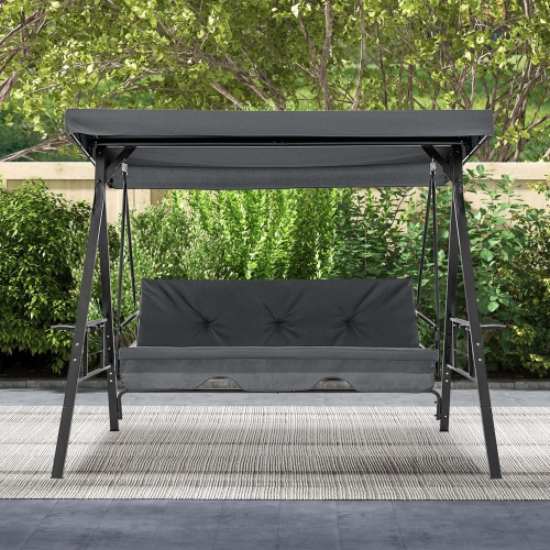 COSTWAY  3-Seat Patio Porch Swing Withadjustable Canopy Soft Seat Back Cushions Side Tables