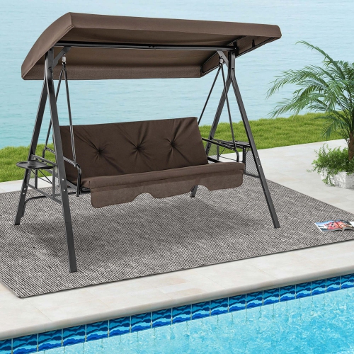 COSTWAY  3-Seat Patio Porch Swing Withadjustable Canopy Soft Seat Back Cushions Side Tables