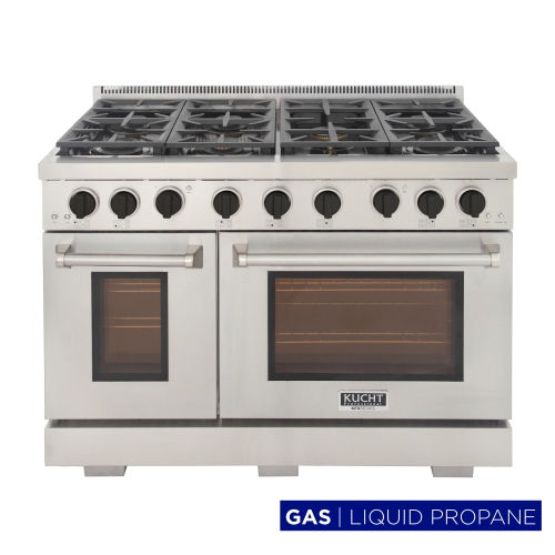 Image 1 de 10.. 48 po 6,7 pi3 avec Cuisinière au gaz propane avec brûleurs scellés, plaque et deux fours - un four à convection - Inox avec boutons noir Tuxedo