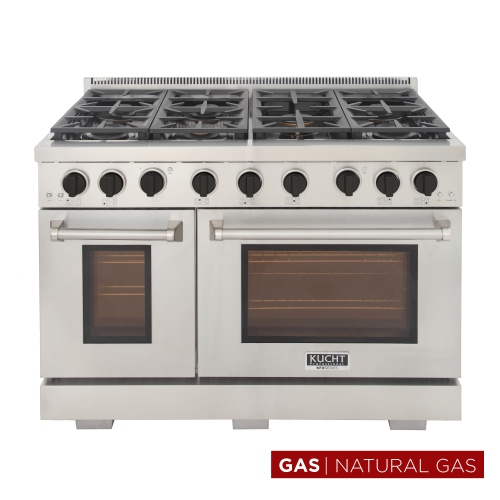 Image 1 de 10.. 48 po 6,7 pi3 avec Cuisinière au gaz naturel avec brûleurs scellés, gril/plaque et deux fours - un four à convection - Inox avec boutons noir Tuxedo