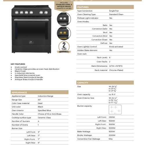 Forno Leonardo Espresso 30-Inch Slide-In Black Induction Range