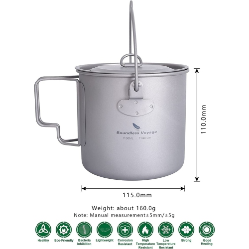 Image 1 of 7.. Boundless Voyage Titanium Pot Cup 1100 ml with Lid can fit in 230g gas canister