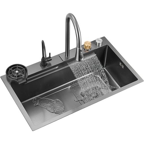 Open Box – Stainless Steel Nano Raindance Waterfall Kitchen Sink with Pull-Out Faucet, Pressurized Cup Washer 45D x 75W x 20H