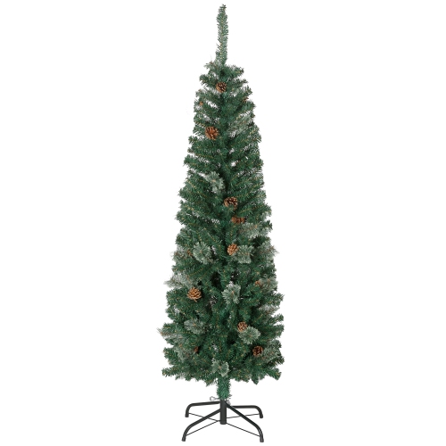 HOMCOM  5Ft Pencil Artificial Christmas Tree, Xmas Tree With Thin Pine Needles And Realistic Branches, Pine Cones, Metal Base In Green